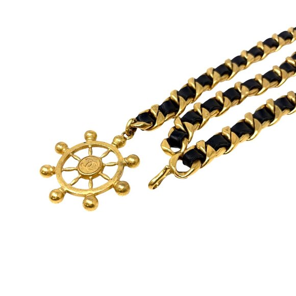 aaCHANEL Vintage 94P CC Mark Logo Chain Belt Gold Black Metal Leather [106246] main image 6